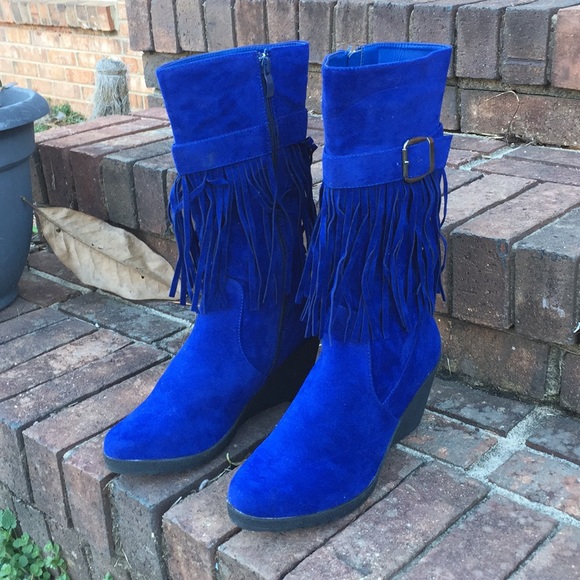 BLUE SUEDE FRINGE TRIM BUCKLE MIDCALF WEDGE BOOTS - Picture 2 of 6